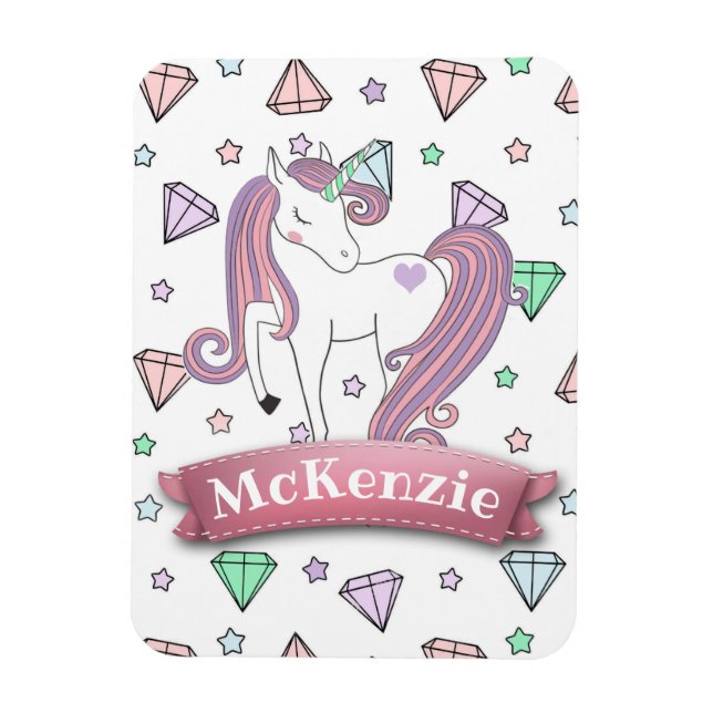 Personalized Pretty Pastel Unicorn | Diamond Gems Magnet (Vertical)