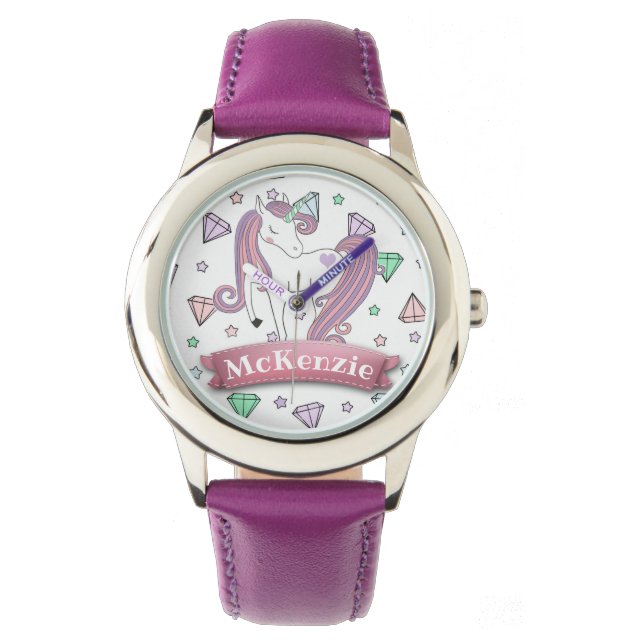 Personalized Pretty Pastel Unicorn | Diamond Gems Watch (Front)