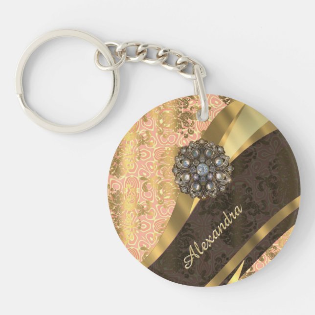 Personalized pretty peach girly damask pattern keychain (Front)