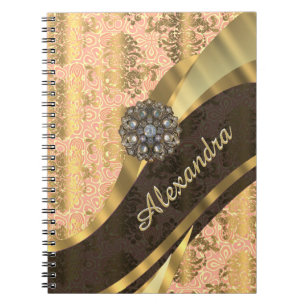 Personalized pretty peach girly damask pattern notebook