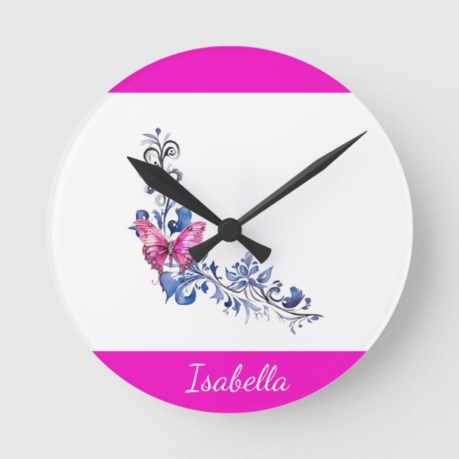 Personalized Pretty Pink Butterfly Wall Clock (Front)