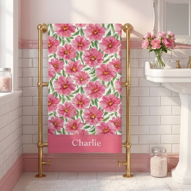 Personalized Pretty Pink Floral Flower Bath Towel (Creator Uploaded)
