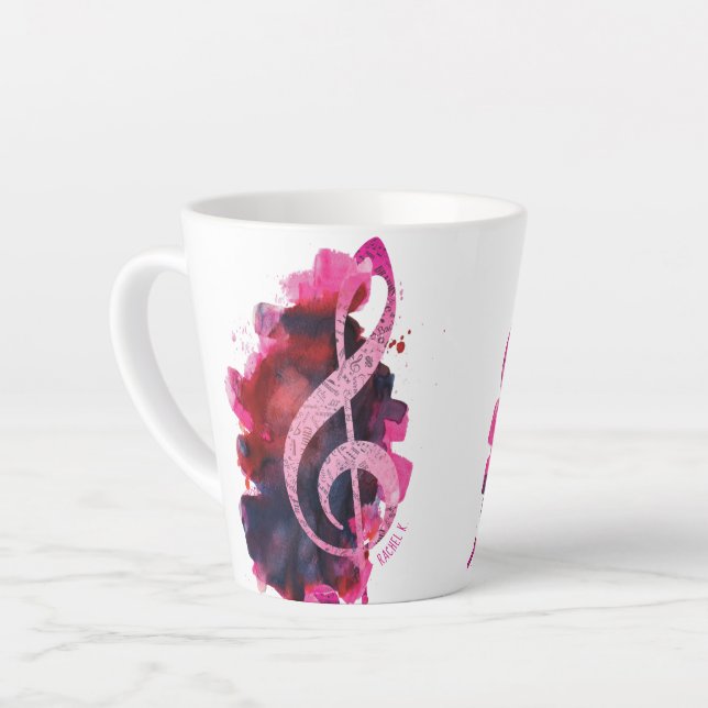 Personalized Pretty Pink Piano Grand Staff Music Latte Mug (Left Angle)