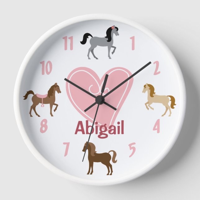 Personalized Pretty Ponies and Pink Heart Horse Clock (Front)