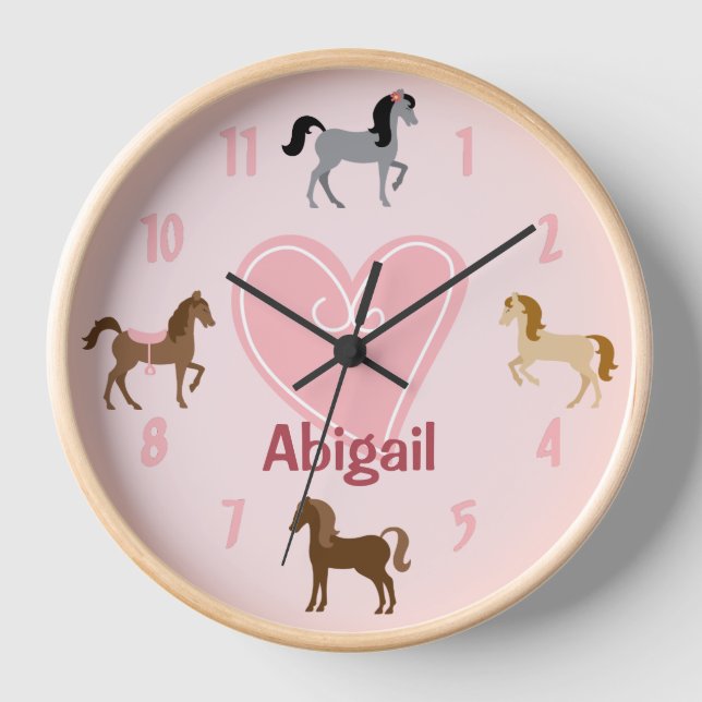 Personalized Pretty Ponies and Pink Heart Horse Clock (Front)