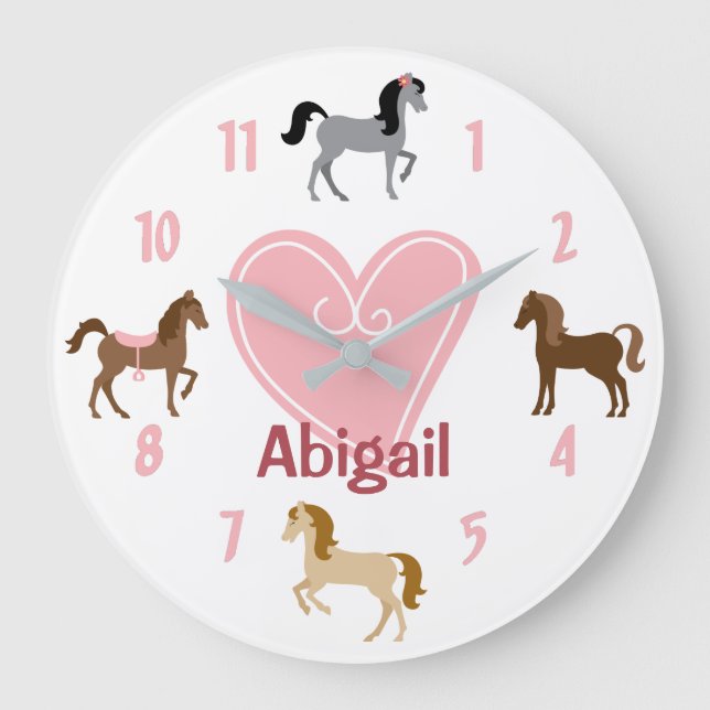 Personalized Pretty Ponies and Pink Heart Horse Large Clock (Front)