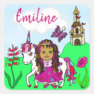 Personalized Pretty Princess and Unicorn Castle Square Sticker