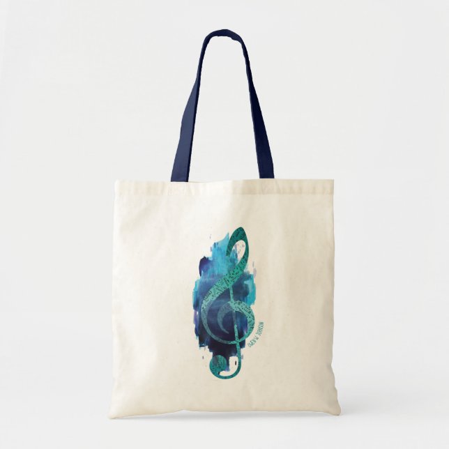 Personalized Pretty Teal Treble Clef Music Tote Bag (Front)