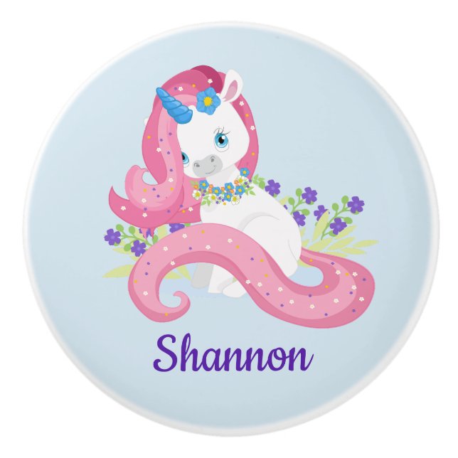 Personalized Pretty Unicorn Pink Purple Child Room Ceramic Knob (Front)