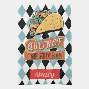 Personalized pretty vintage Taco Geometric Blue Kitchen Towel