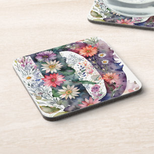 Personalized Pretty Watercolor Flowers Monogram Coaster