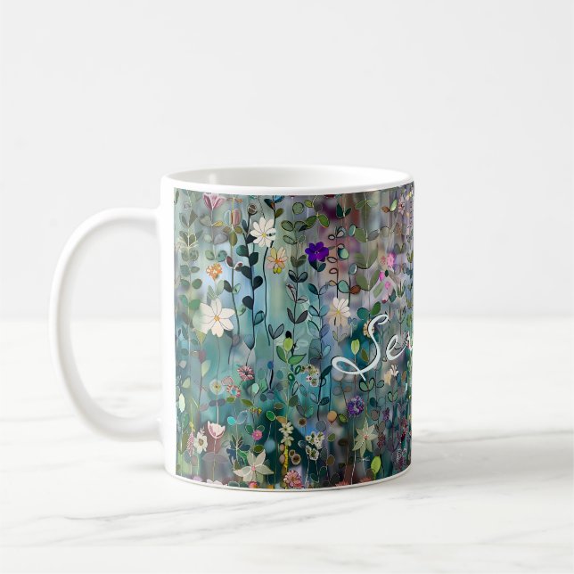 Personalized Pretty Whimsical Boho Wildflower Teal Coffee Mug (Left)
