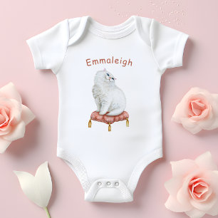 Personalized Pretty White Cat Sitting on Pillow Baby Bodysuit