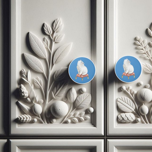 Personalized Pretty White Cat Sitting on Pillow Ceramic Knob (Creator Uploaded)