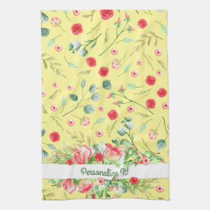 PERSONALIZED Pretty Yellow And Pink Floral Kitchen Towel