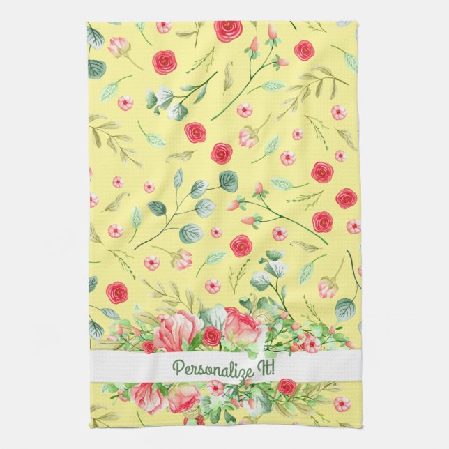 PERSONALIZED Pretty Yellow And Pink Floral Kitchen Towel (Vertical)