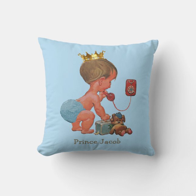 Personalized Prince on Phone with Teddy Bear Blue Throw Pillow (Front)