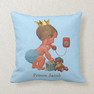 Personalized Prince on Phone with Teddy Bear Blue Throw Pillow