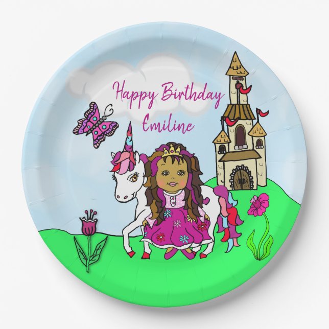 Personalized Princess and Unicorn Birthday Party Paper Plate (Front)