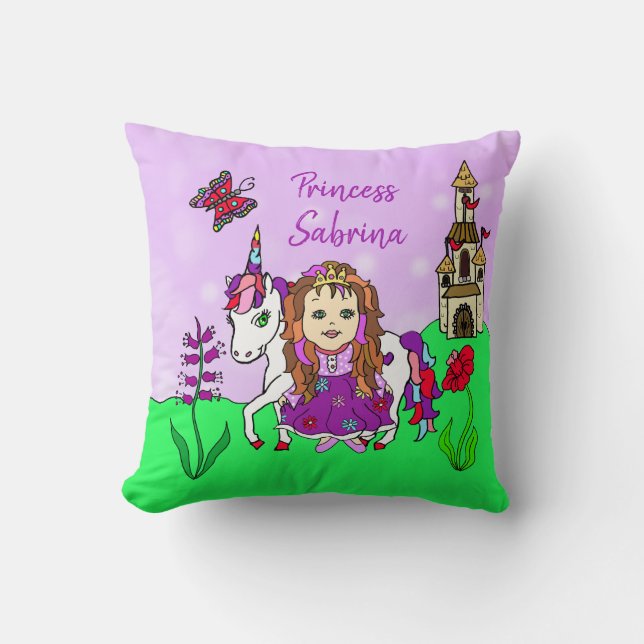 Personalized Princess and Unicorn Rainbow Girl's Throw Pillow (Front)