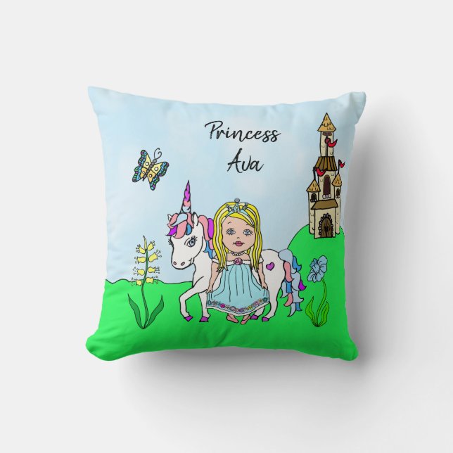 Personalized Princess and Unicorn Rainbow Girl's Throw Pillow (Front)