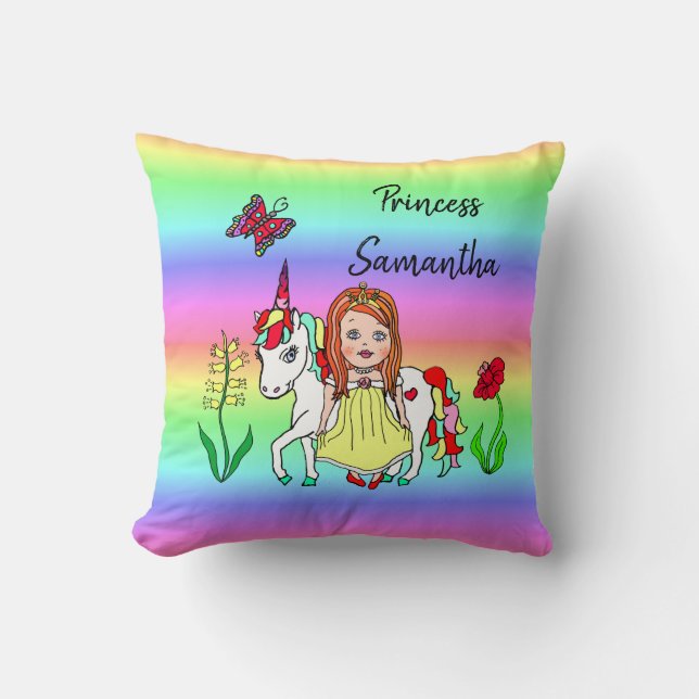 Personalized Princess and Unicorn Rainbow Girl's Throw Pillow (Front)