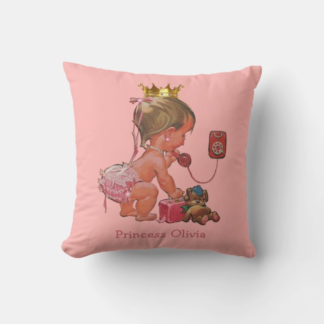 Personalized Princess on Phone with Teddy Bear Throw Pillow (Front)