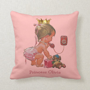 Personalized Princess on Phone with Teddy Bear Throw Pillow