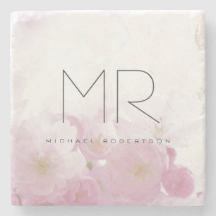 Personalized Professional Monogram Minimal Floral Stone Coaster