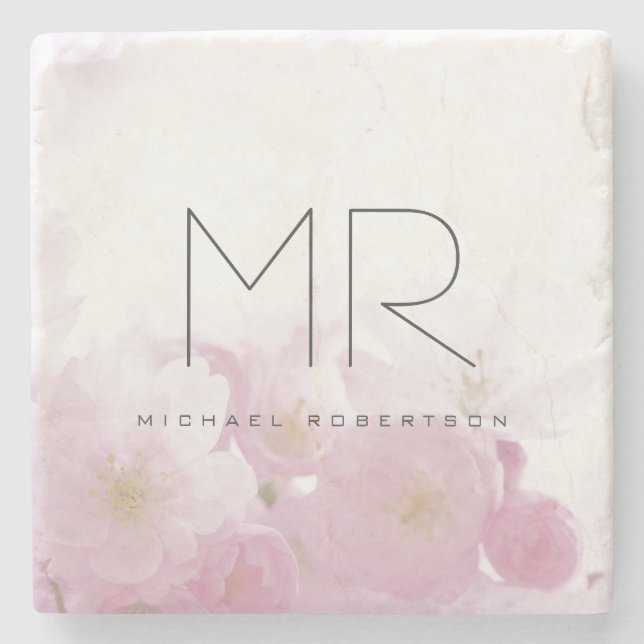 Personalized Professional Monogram Minimal Floral Stone Coaster (Front)