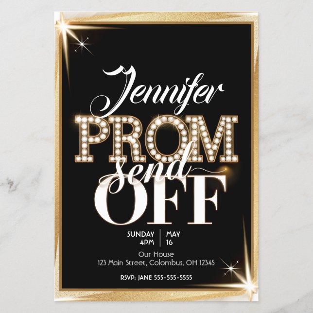 Personalized PROM SEND-OFF Elegant Black and Gold Flyer (Front)