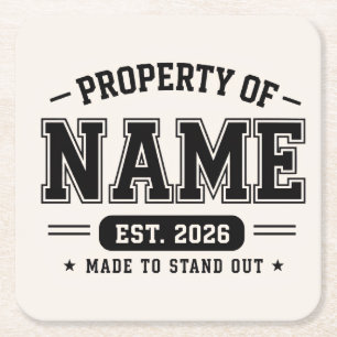 Personalized Property Of Name – Varsity Style Cust Square Paper Coaster