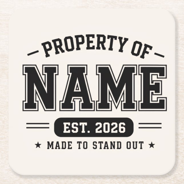 Personalized Property Of Name – Varsity Style Cust Square Paper Coaster (Front)