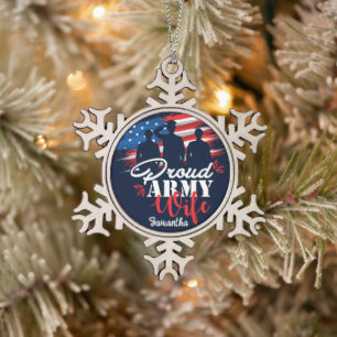 Personalized Proud Army Wife USA Flag Military Snowflake Pewter Christmas Ornament
