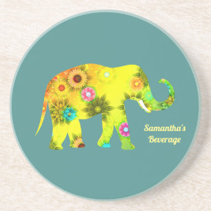 Personalized Psychedelic Floral Elephant Coaster