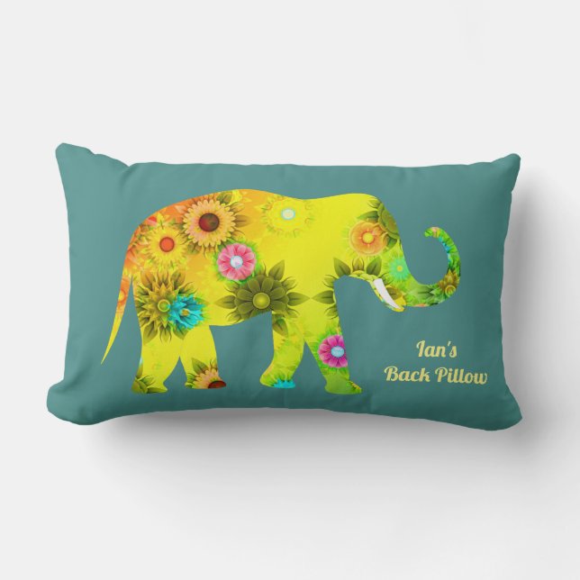 Personalized Psychedelic Floral Elephant Lumbar Pillow (Front)