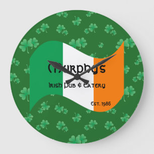 Personalized Pub & Eatery Irish Flag Shamrocks Large Clock