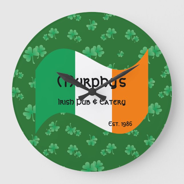 Personalized Pub & Eatery Irish Flag Shamrocks Large Clock (Front)