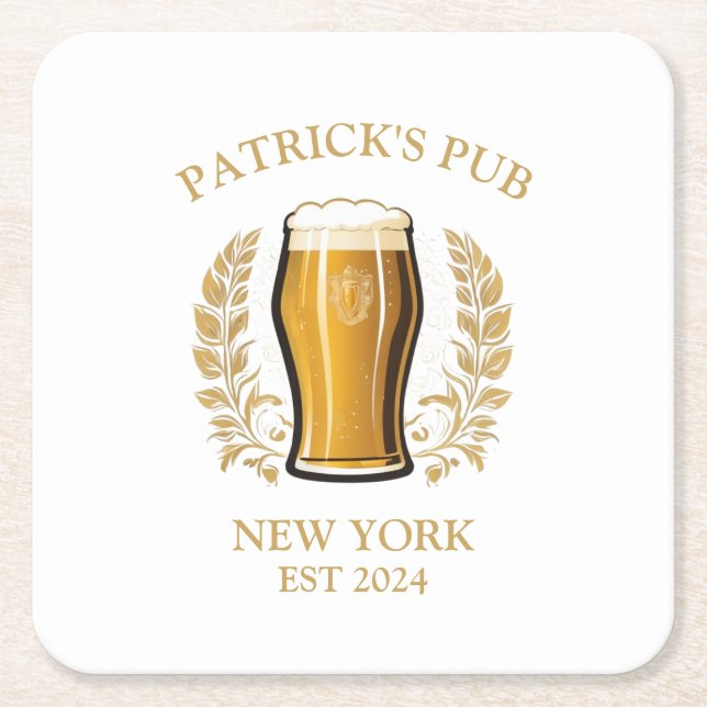 Personalized Pub Sign Beer Glass with Custom Name Square Paper Coaster (Front)