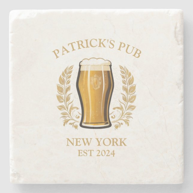 Personalized Pub Sign Beer Glass with Custom Name Stone Coaster (Front)