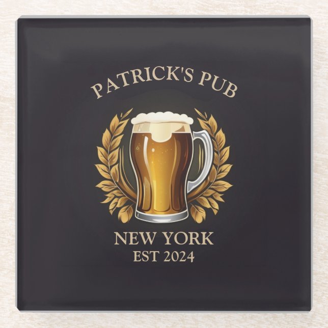 Personalized Pub Sign for Home Bar Beer Glass Logo Glass Coaster (Front)