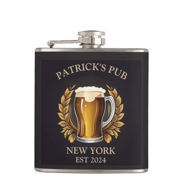Personalized Pub Sign for Home Bar Beer Glass Logo Hip Flask (Front)