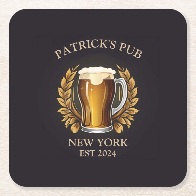 Personalized Pub Sign for Home Bar Beer Glass Logo Square Paper Coaster (Front)