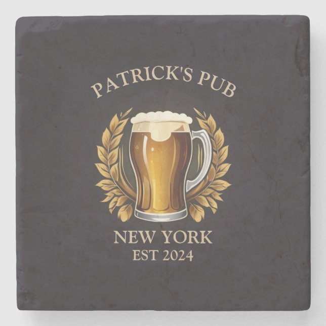 Personalized Pub Sign for Home Bar Beer Glass Logo Stone Coaster (Front)