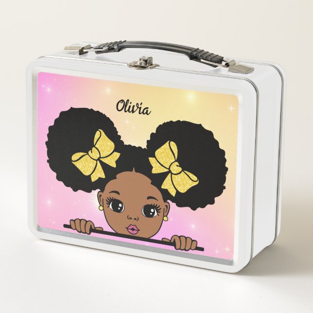 Personalized Puff Hair Baby girl Metal Lunch Box (Front)