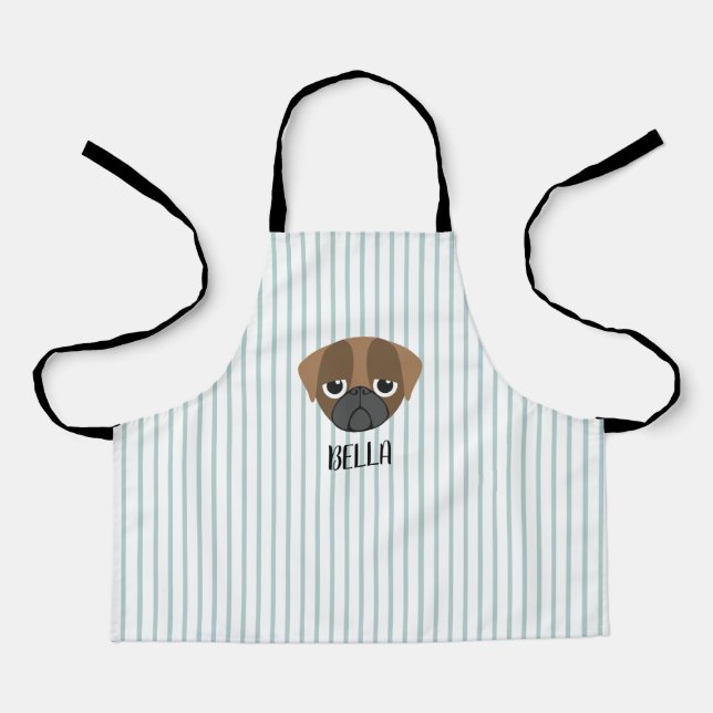 Personalized Pug Dog Custom Name Blue Stripes Apron (Front)