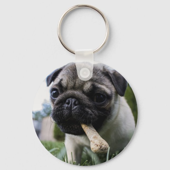 Personalized Pug Dog Photo and Name  Keychain (Front)