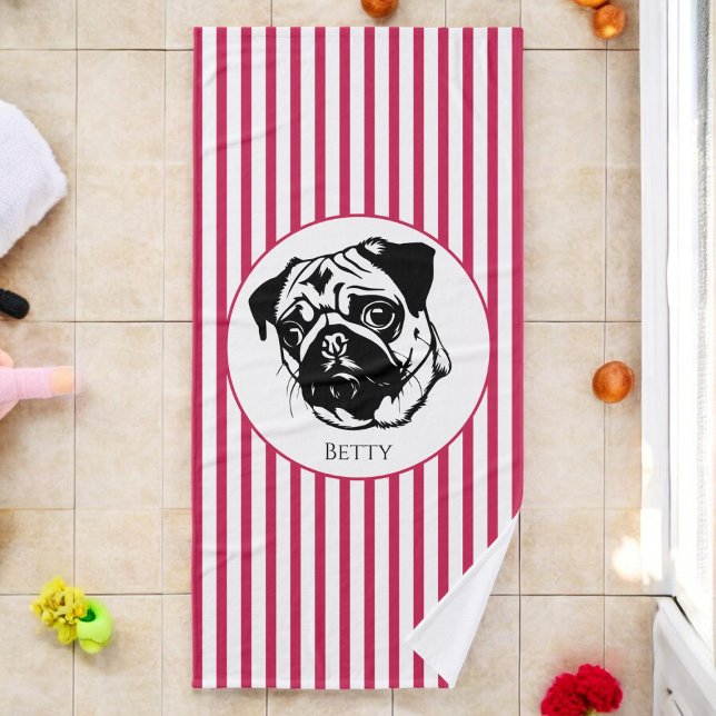 personalized pug dog trendy stylish custom  bath towel (fun cute towel featuring a pug , ideal for a personalized dogs towel or a gift for a pug lover)