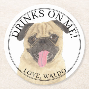 Personalized Pug Dog Wedding Round Paper Coaster