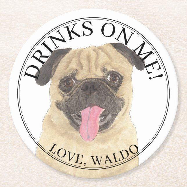 Personalized Pug Dog Wedding Round Paper Coaster (Front)